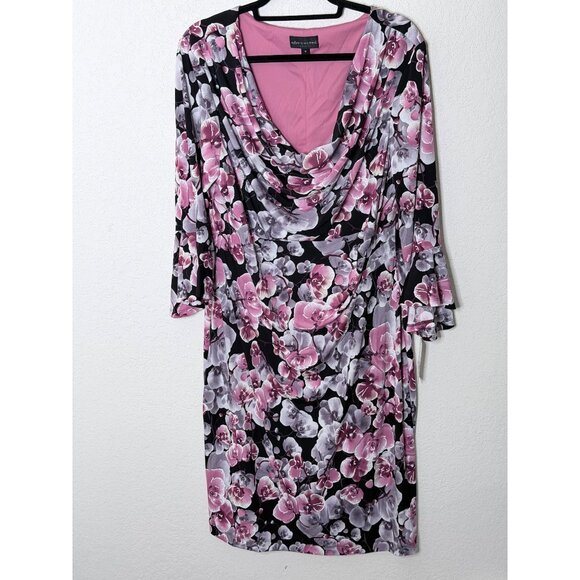 Connected Apparel Cowl Neck Dress Womens Size 18 Floral Midi 3/4 Sleeves Career - Picture 1 of 13